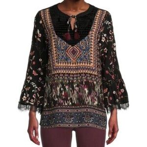 John Mark Floral Embroidered Multi Print Split Neck Wide 3/4 Sleeve Tunic.